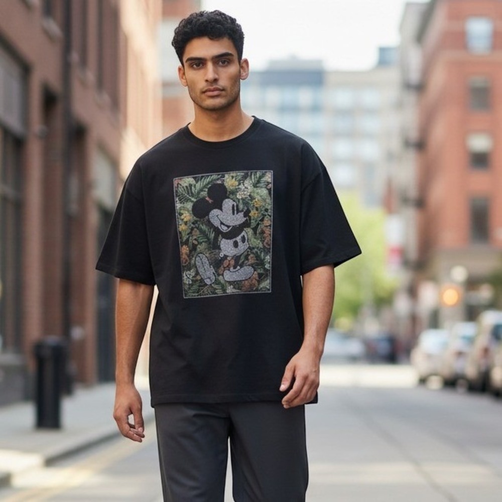 Disney Mickey Mouse Tropical Jungle Black Graphic Tee Floral Sketch Shirt